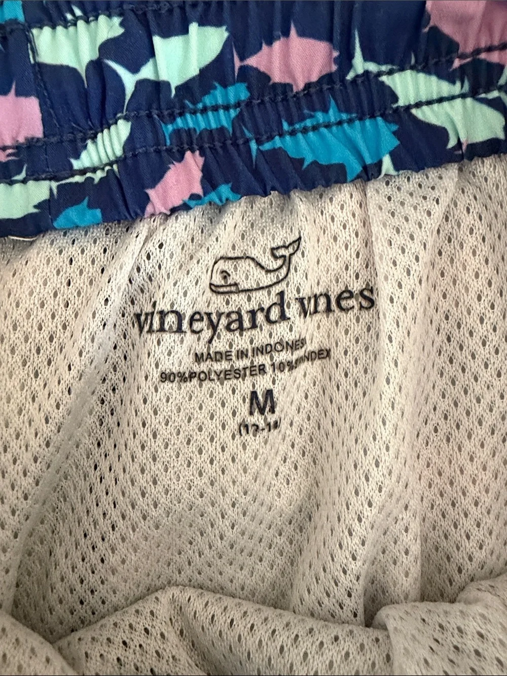 Vineyard Vines Navy Swim Shorts with Teal, Pink, Cream Fish Print